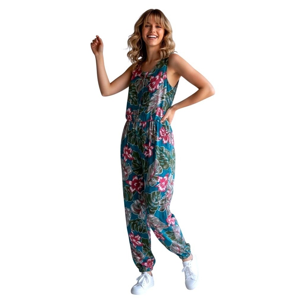 Island Connection Hawaii Jumpsuit Teal Floral Sleeveless Button Front Size L